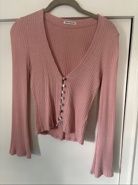Reformation Pink Ribbed V-Neck Button-Front Long Sleeve Top